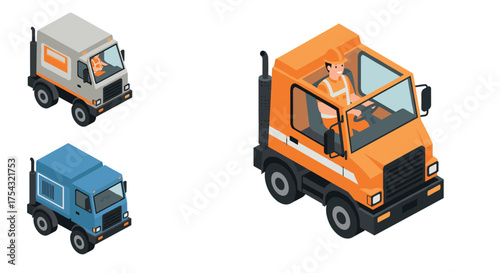 Isometric construction trucks with driver and varied designs in orange and blue