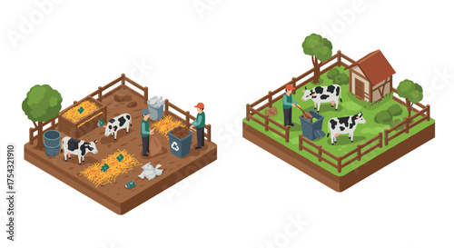 Isometric farm life: recycling and clean farming with cows and farmers