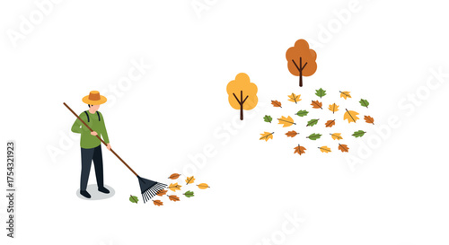 Isometric autumn scene with person raking leaves in park setting