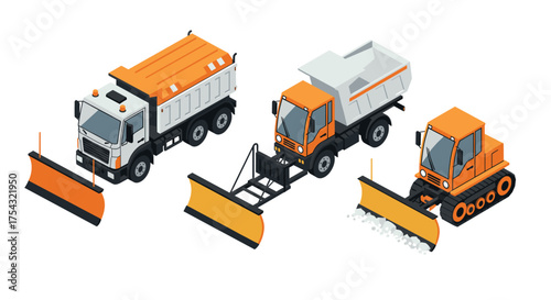 Isometric snow removal trucks and bulldozer with plows for winter maintenance