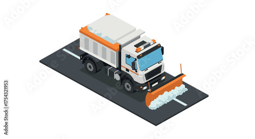 Isometric snowplow truck on road with snowy blade in winter cityscape