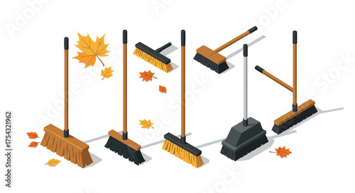 Isometric brooms collection with autumn leaves