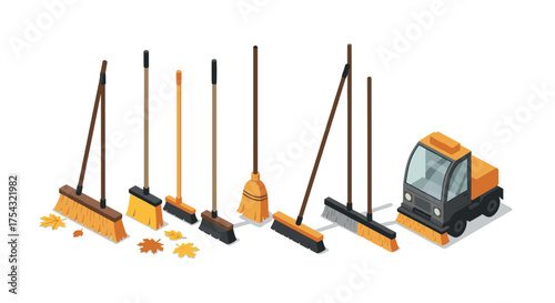 Isometric cleaning tools and street sweeper with autumn leaves on white background