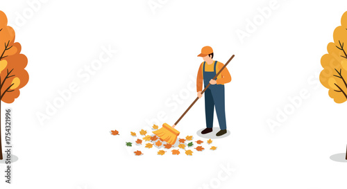 Isometric autumn scene with gardener sweeping leaves between trees