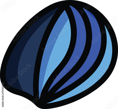 Stylized Blue Mussel or Clam Shell Vector Illustration with Black Outlines and Gradient Shades of Blue