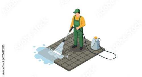 Isometric worker power washing pavement with equipment