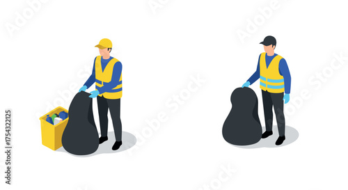 Isometric waste management workers in safety vests handling trash bags