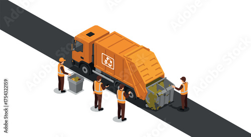 Isometric waste management scene with workers and garbage truck