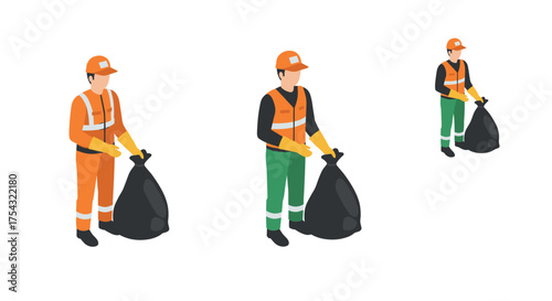 Isometric sanitation workers collecting waste in uniforms for clean city environment