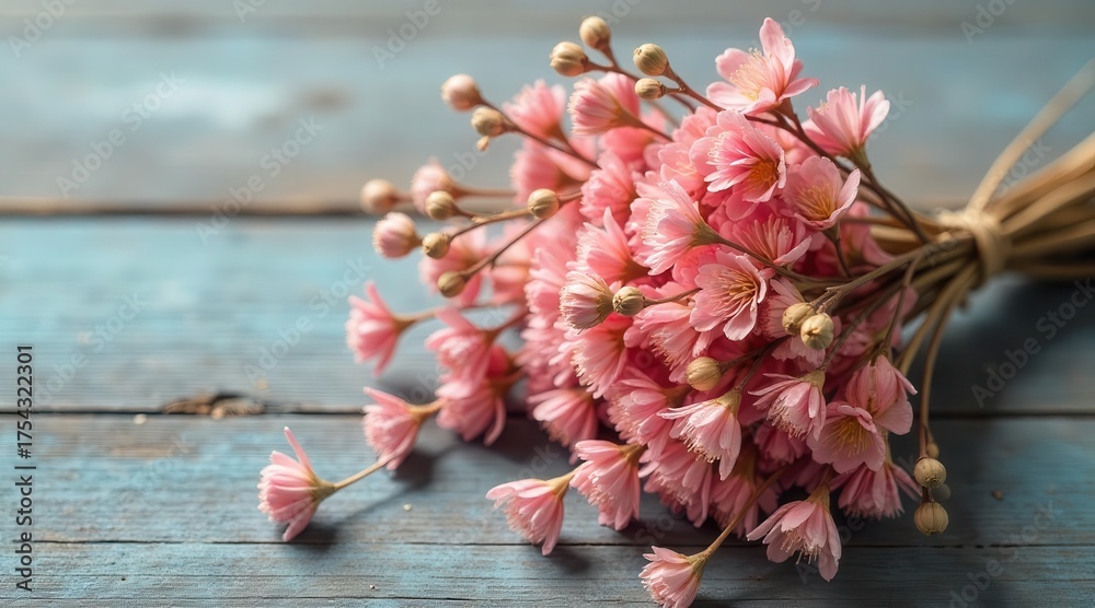 © Kukar Studio - Delicate pink blossoms artfully arranged on weathered, rustic wooden planks create a gentle, natural composition that evokes feelings of serene beauty and tender affection