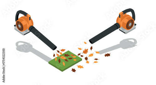 Isometric leaf blowers in action: autumn leaves collection on grass