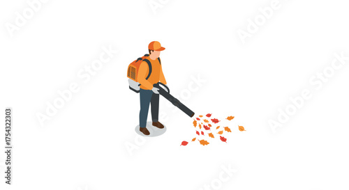 Isometric worker using leaf blower with autumn leaves on white background