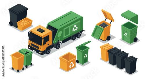 Isometric recycling set with garbage truck and waste bins