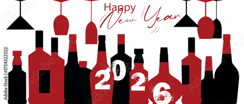 Flat illustration of a New Year's party concept, a set of alcohol bottles, glasses, the inscription 2026, Happy New Year. Restaurant banner, bar decor, alcohol menu, wine list, drunkenness, alcoholism