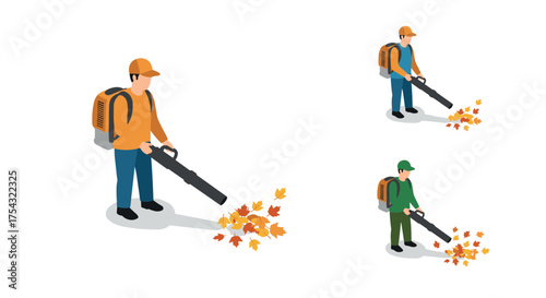 Isometric man using leaf blower in autumn scene