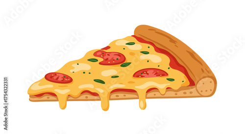 Isolated pizza slice illustration with cheese and tomato topping