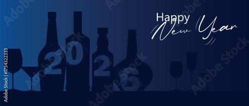 Happy New Year, party concept, festival, flat design banner, restaurant poster, alcohol bottle collection. 2026 inscription, year number, dark background, New Year's celebration, champagne, wine
