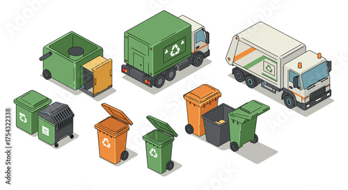 Isometric waste management trucks and bins for efficient recycling and garbage disposal