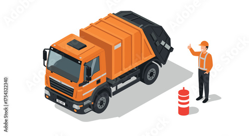 Isometric garbage truck with worker giving thumbs up