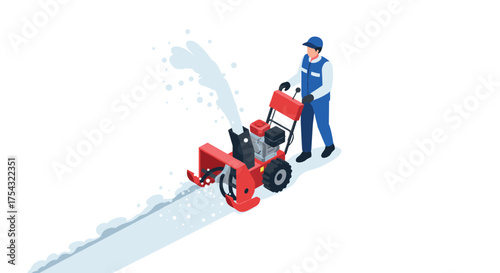 Isometric snow blower machine in action with operator clearing path