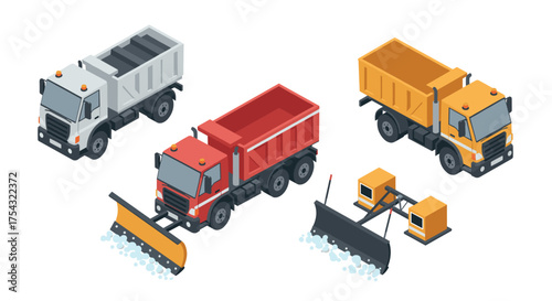 Isometric dump trucks and snow plows collection for construction and winter