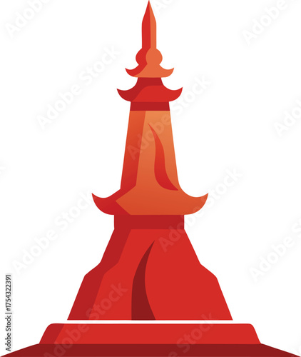 Abstract illustration of a red pagoda-like structure with multiple tiers and a pointed top, flat design style