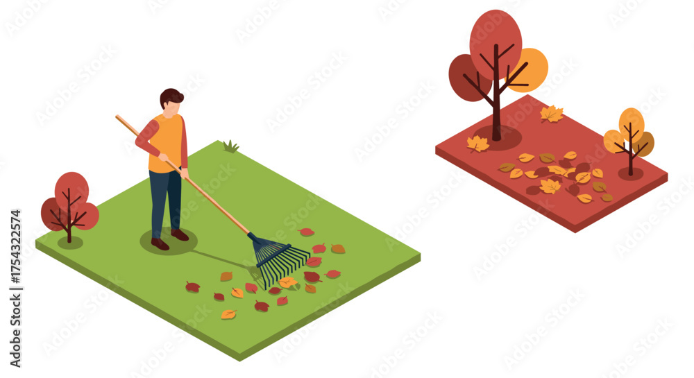 Fototapeta premium Isometric autumn scene: man raking leaves in vibrant fall landscape