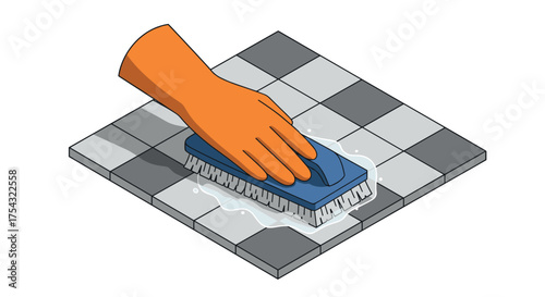 Cleaning tile with scrub brush and glove in isometric style