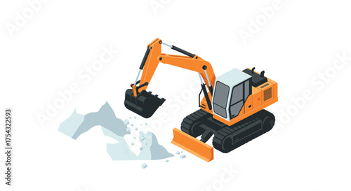 Isometric excavator breaking rocks with powerful hydraulic arm