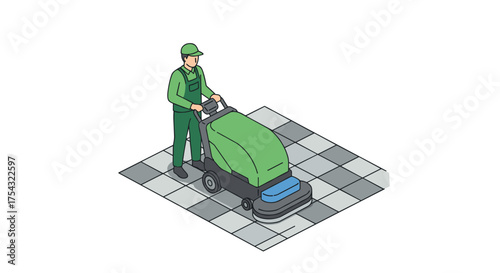 Isometric floor cleaner operation on checkered surface in green uniform