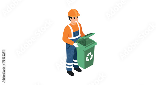 Worker in safety gear handling a recycling bin with eco symbol
