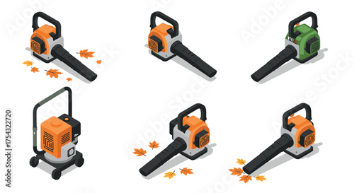Isometric leaf blowers with autumn leaves on white background