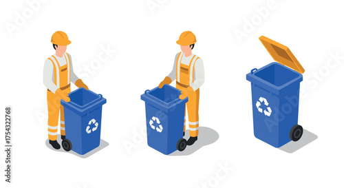 Isometric recycling worker with bins in safety gear for waste management graphics