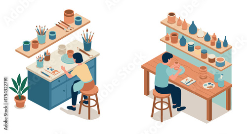 Isometric pottery studio scenes with artists crafting clay ceramics in creative workshop