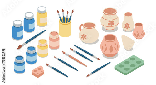 Charming isometric art supplies and pottery with brushes and paints in pastel colors