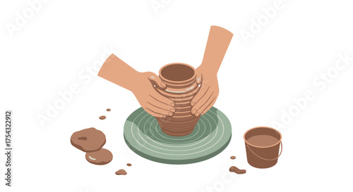 Hands crafting clay pot on wheel with bucket and tools isometric style