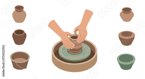Hands shaping clay on pottery wheel with various ceramics surrounding