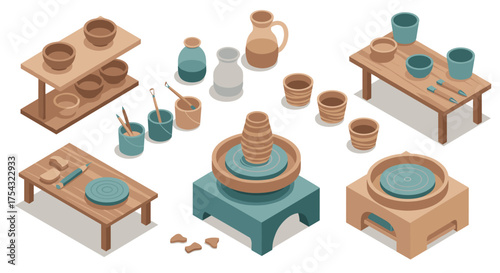Isometric pottery workshop elements and tools in neutral tones