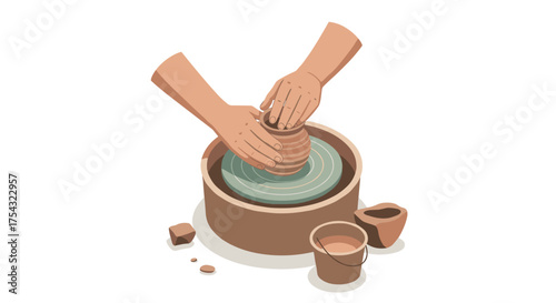 Craftsman hands sculpting clay pot on pottery wheel in isometric style