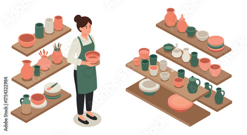Isometric pottery workshop with artist and shelves of clay works