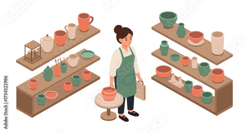 Woman in apron exploring ceramic pottery in modern shop setting