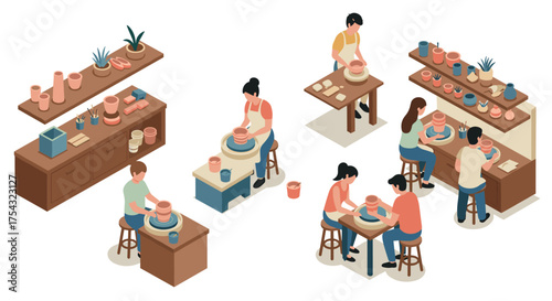 Isometric pottery workshop scene with people creating artisanal ceramic pieces