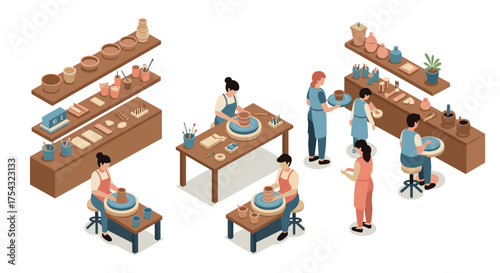 Isometric pottery workshop scene with artisans crafting ceramics in a creative studio