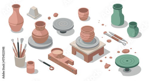 Isometric pottery workshop concept with tools and clay vases on white background