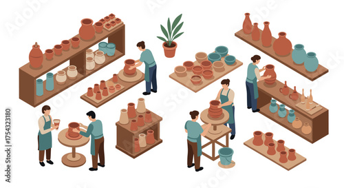 Isometric pottery workshop scene with artisans and handmade ceramics on shelves