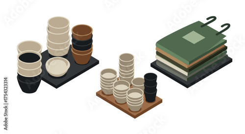 Isometric garden planters and storage with earthy tones in a modern minimalist style