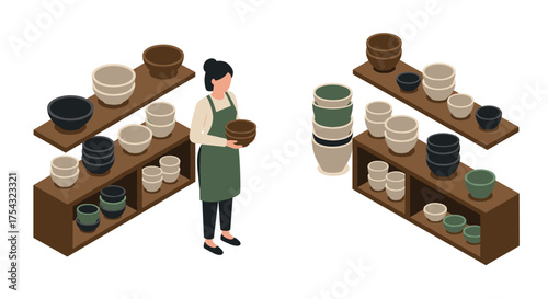 Isometric ceramic shop scene with shelves and customer holding pottery