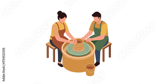 Couple pottery wheel workshop in modern isometric design for creative crafts enthusiasts