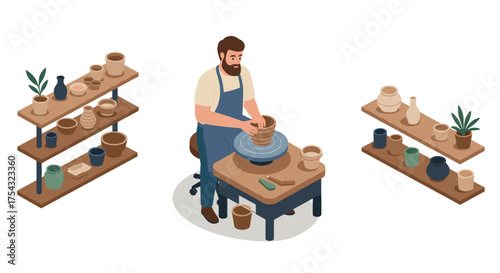 Isometric pottery workshop scene with craftsman sculpting clay on wheel