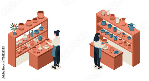 Isometric pottery shop scene with customers and ceramic collections
